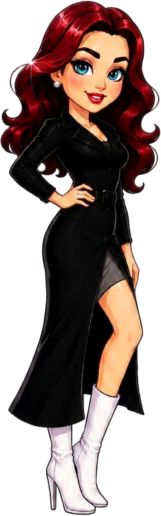 Cartoon spy agent with red hair in a black trench coat and white boots