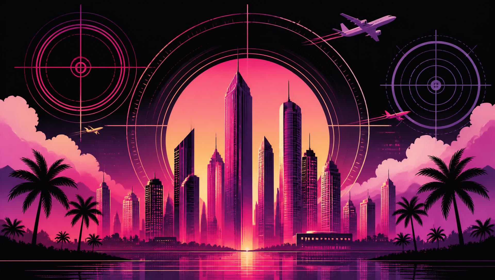 Skyline of skyscrapers with palm trees, airplanes and targeting reticles